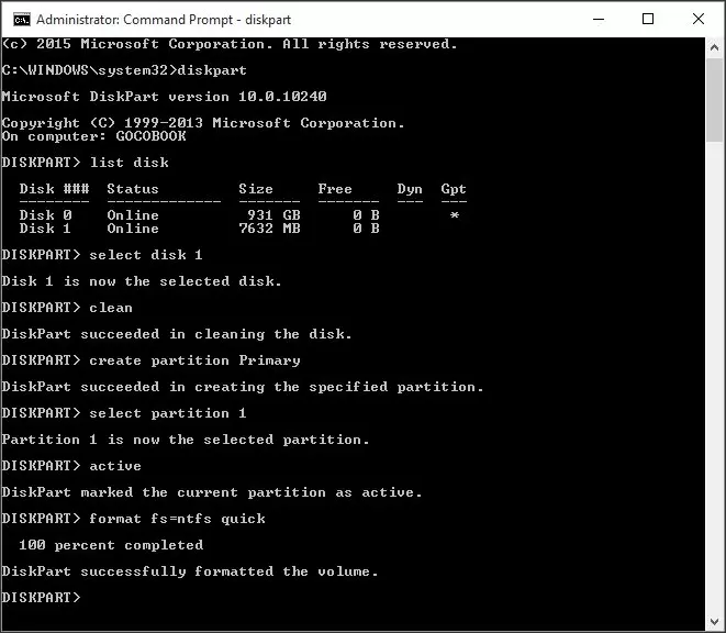 Comandos para la creación de un USB de arranque con el intérprete de comandos