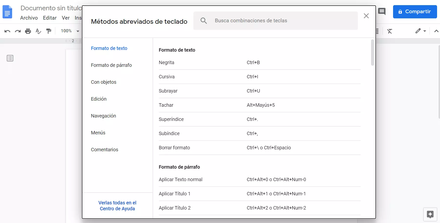 Combinaciones de teclas de Google Docs