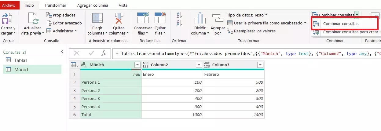 Ve a “Combinar” y clica “Combinar consultas” en el menú