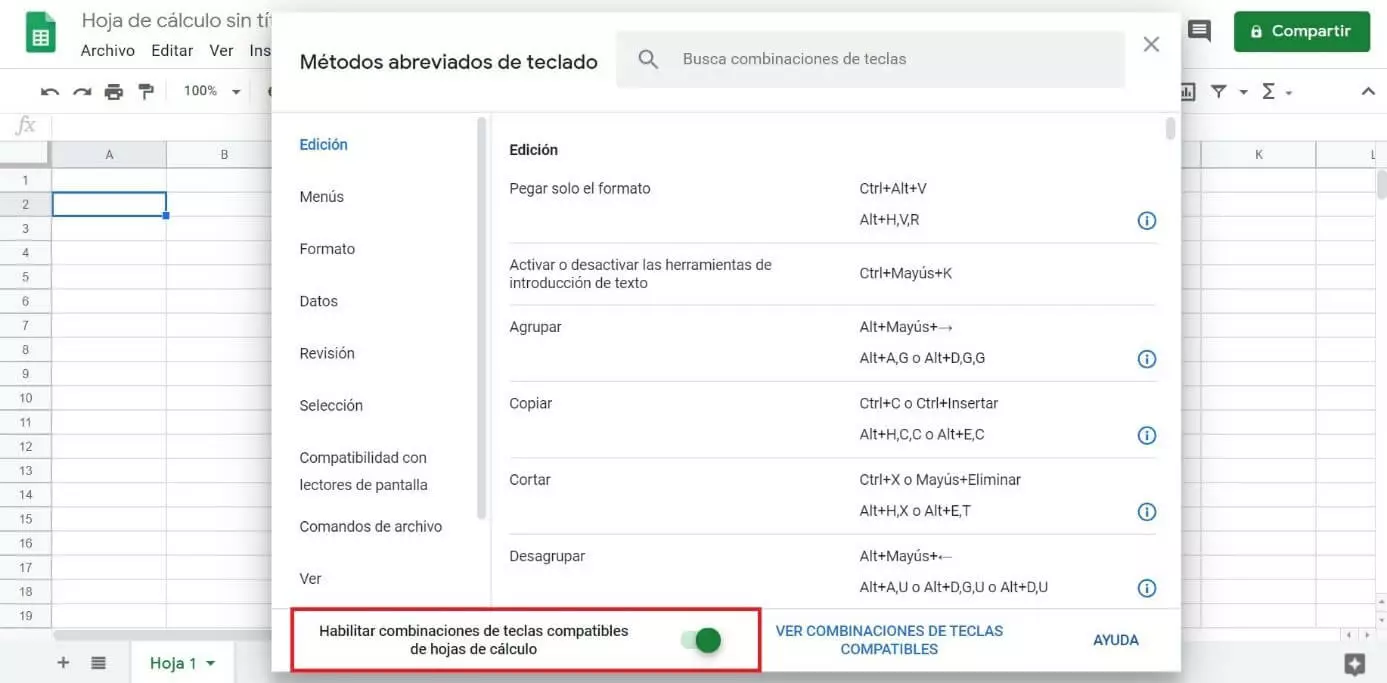 Google Sheets: activar atajos compatibles