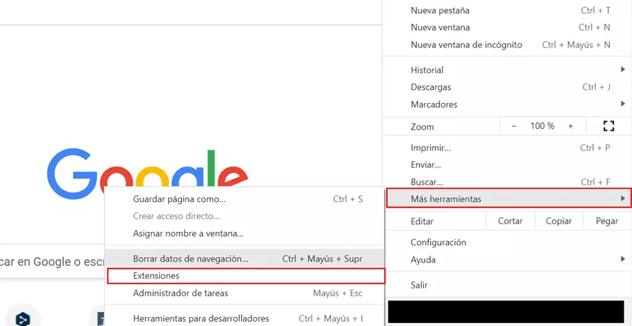 “Extensiones” en el menú rápido de Chrome