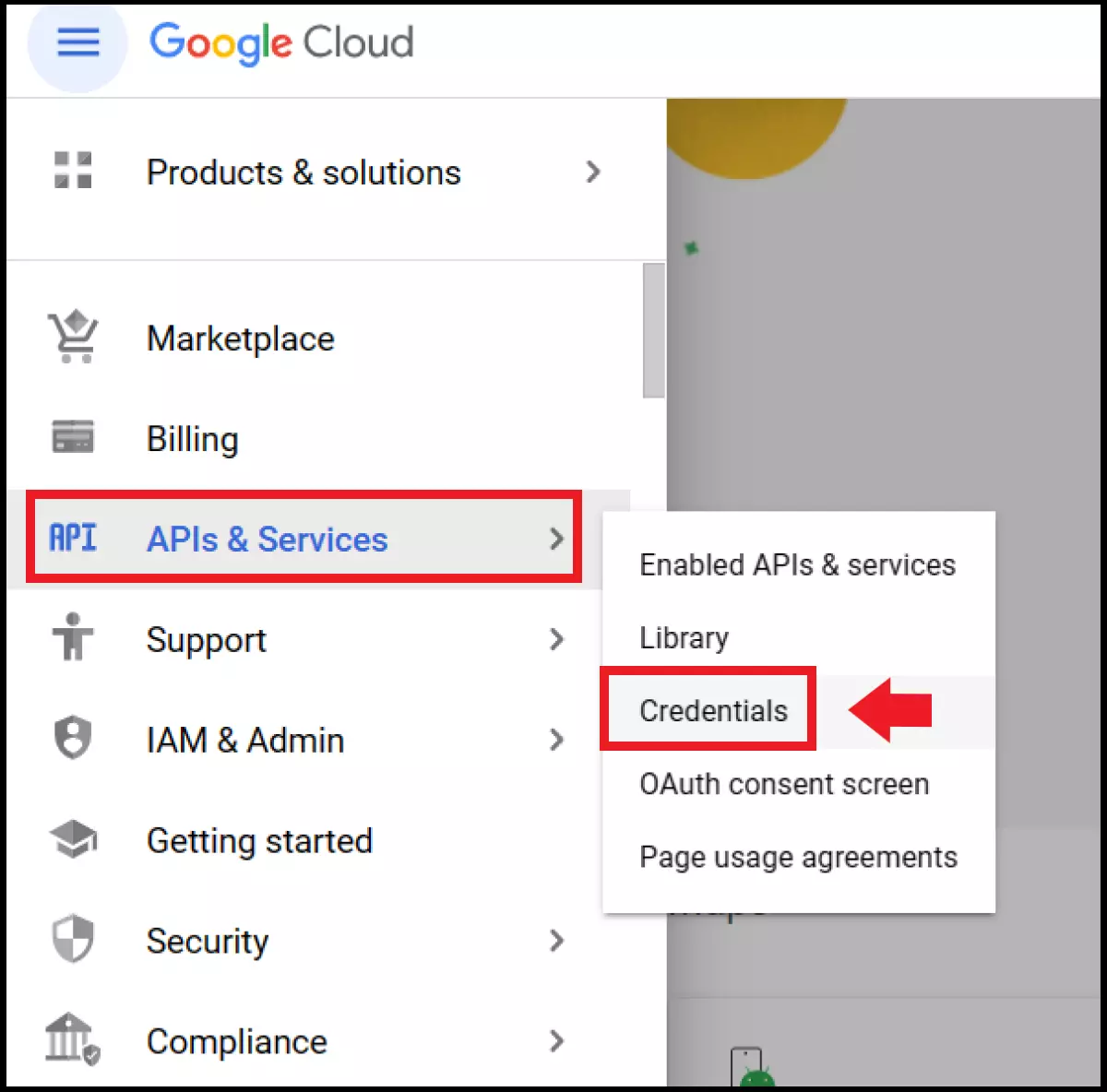 Menú Google Cloud con Datos de acceso en la opción APIs & Servicios