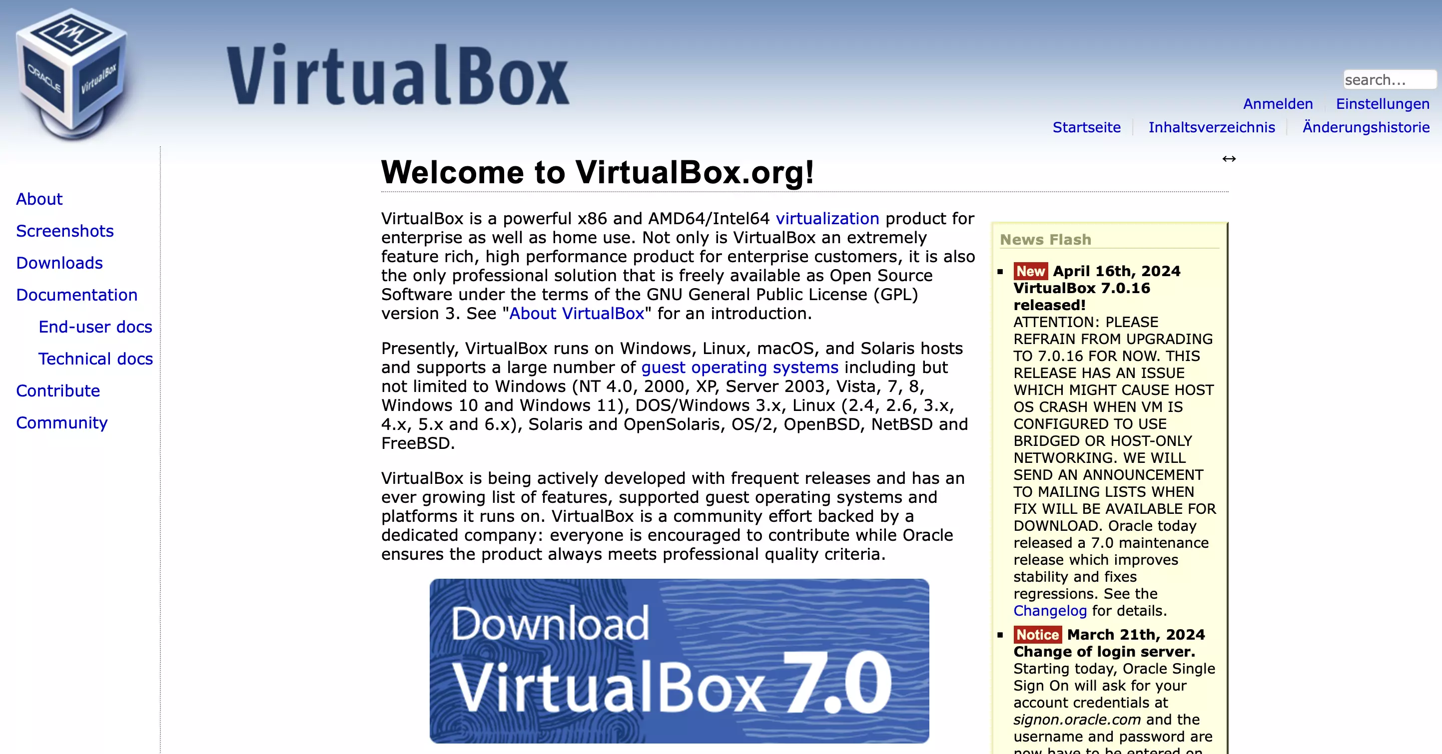 Captura de pantalla de la página web de Oracle VirtualBox