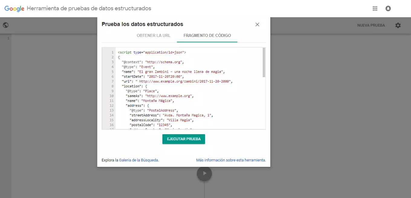 Código JSON-LD en la herramienta de pruebas de datos estructurados de Google