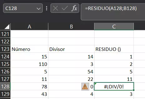 Función RESIDUO de Excel: mensaje de error #¡DIV/0!