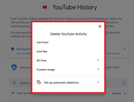 Mensaje de “Eliminar actividad en YouTube”