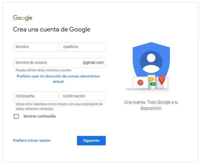 Introduce tu nombre, usuario y contraseña en Google