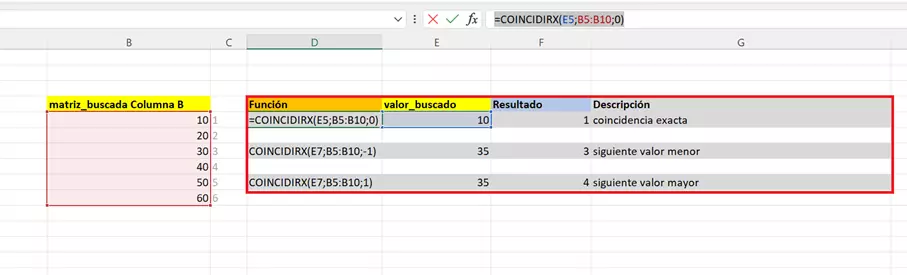 Ejemplo de uso de COINCIDIRX en un documento Excel