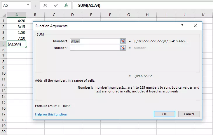 Ventana con opciones de introducción de la función SUMA para sumar horas en Excel