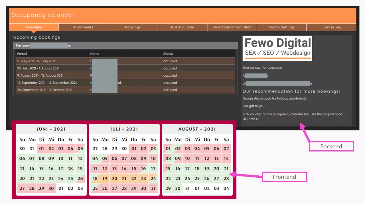 Panel de administración para gestionar apartamentos turísticos y reservas de huéspedes en FeWo Digital