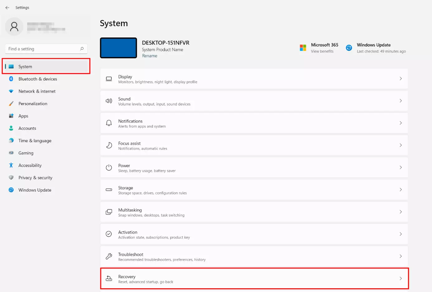 Configuración de Windows 11: botón “Recuperación”