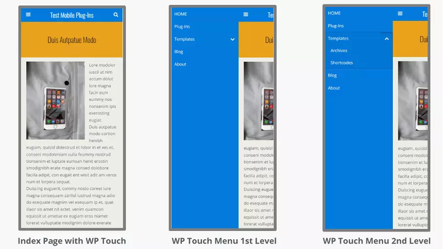 Una página web en interfaz para móviles con el plugin WPtouch de WordPress instalado