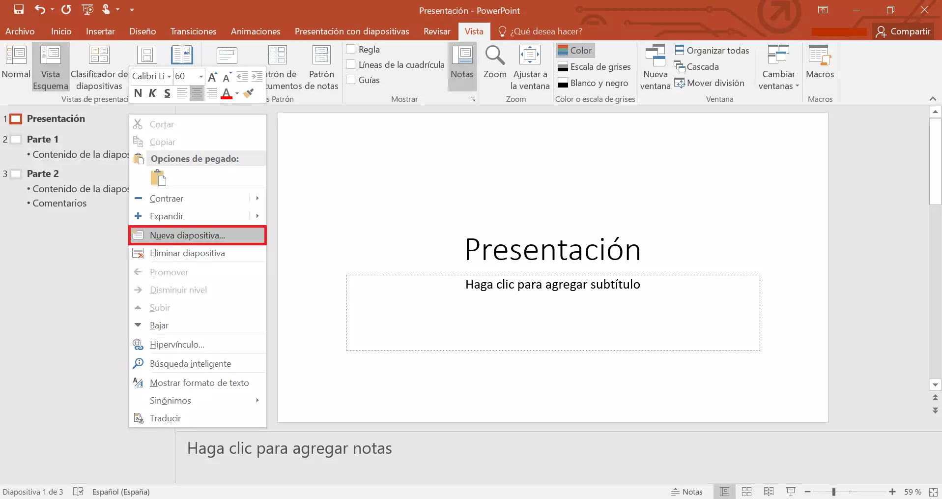 Vista de Esquema en PowerPoint: insertar una nueva diapositiva