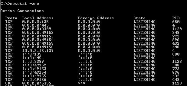 Línea de comandos en Windows: comando “netstat –ano”