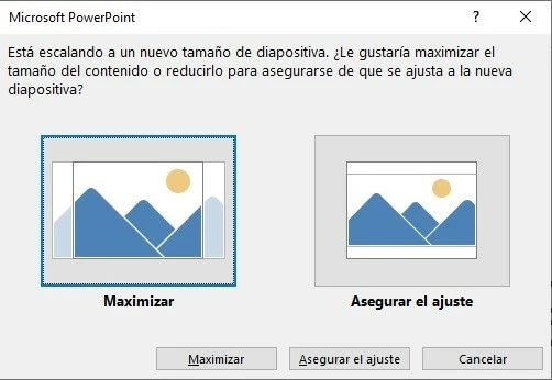 Cuadro de diálogo: escalar a un nuevo tamaño de diapositiva