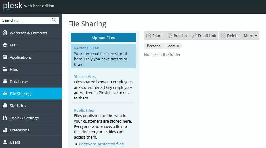 Menú de File sharing en Plesk