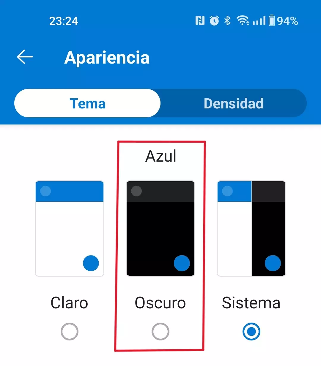 El modo oscuro en la aplicación móvil de Outlook