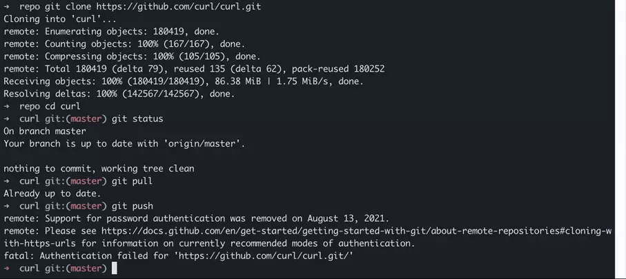 Resultado de git pull y git push del repositorio local cURL