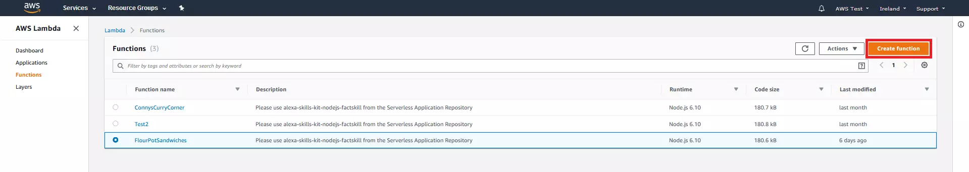 AWS Management Console: vista general de las funciones Lambda ya creadas (aún vacías)