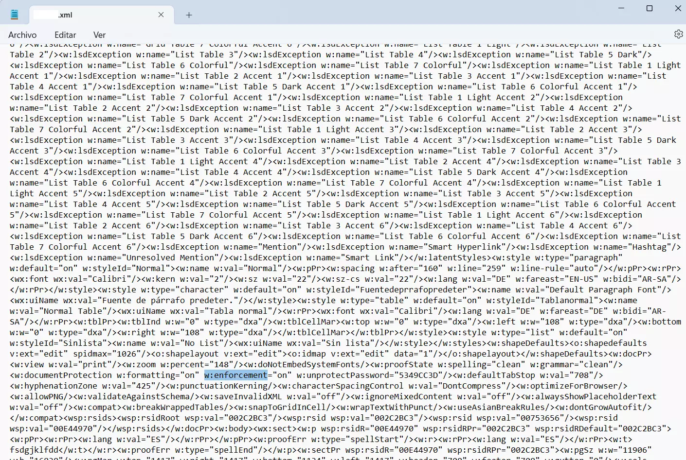 Parámetro de la protección de documentos en un documento XML de Word