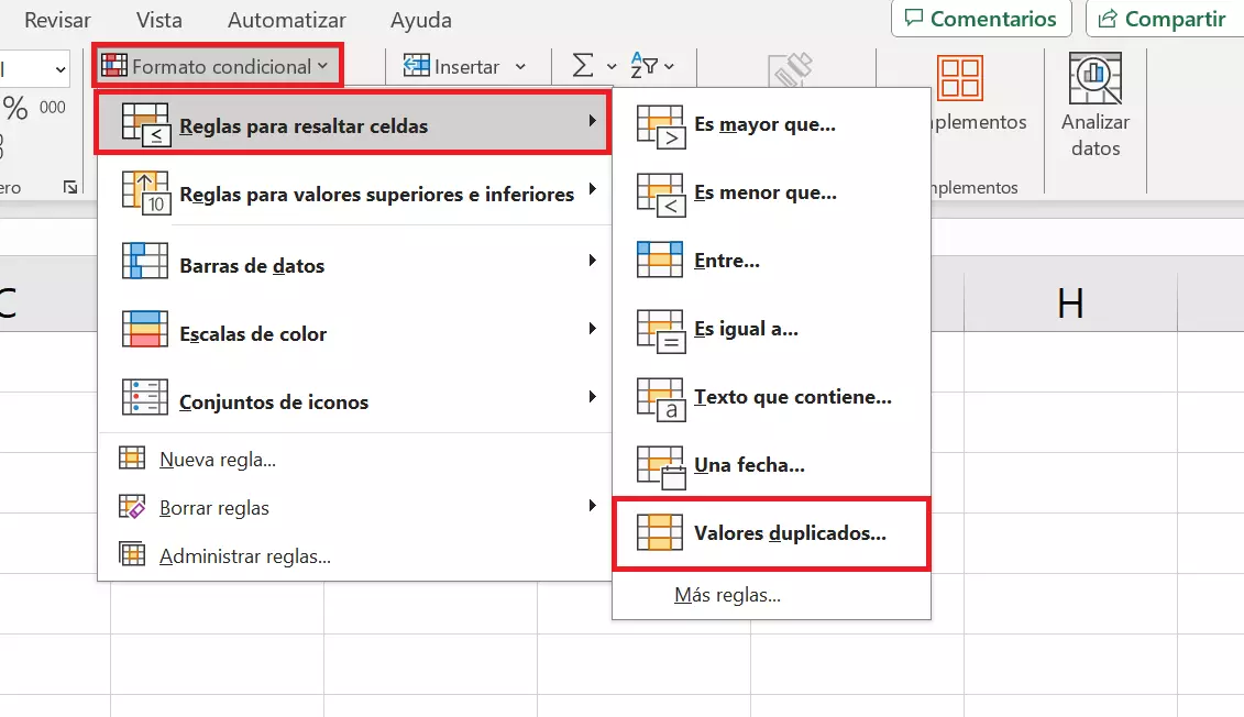 ″Valores duplicados″ en el menú ″Formato condicional″ de Excel