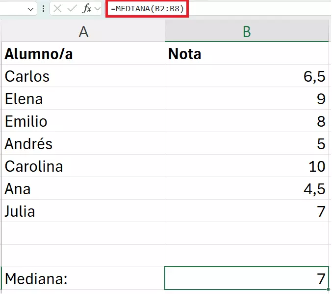 Excel: mediana de una tabla de notas