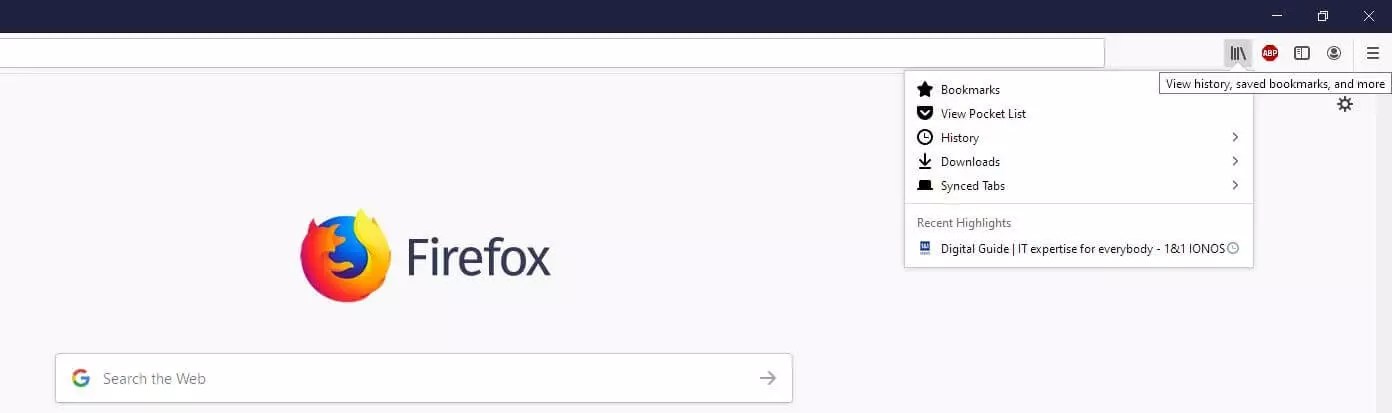 Menú de escritorio de Firefox “Historial, marcadores y otros”