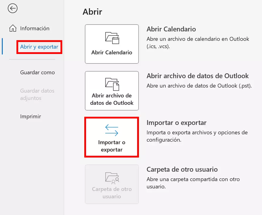 Menú “Abrir y exportar” de Outlook