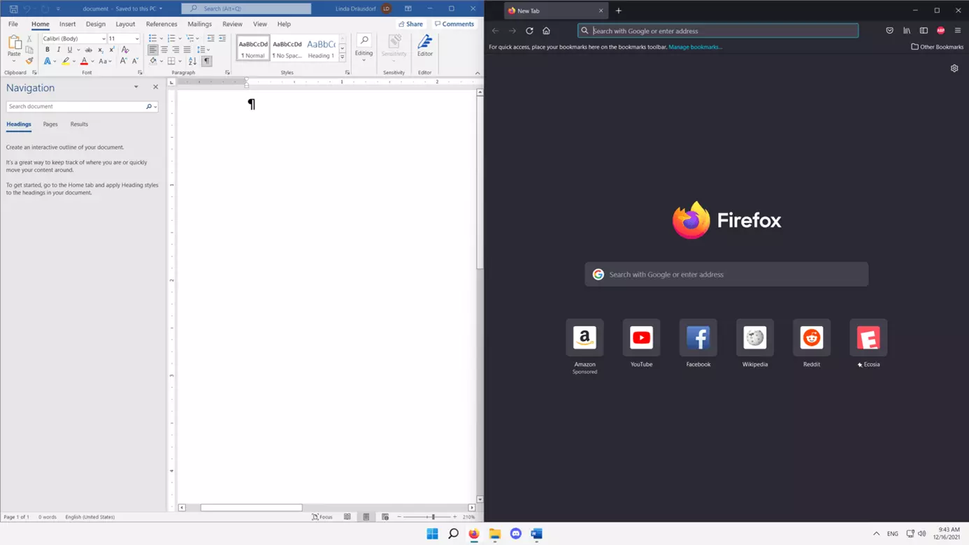 Windows 11: Word y Firefox en pantalla dividida