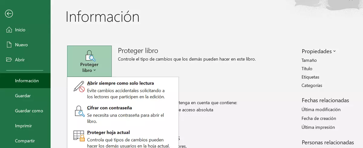 Imagen del menú “Archivo” > “Información” > “Proteger libro”