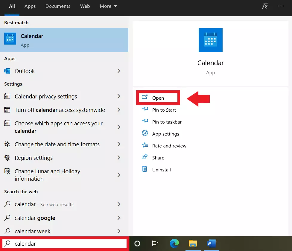 Abrir la aplicación Calendario de Windows mediante la barra de búsqueda