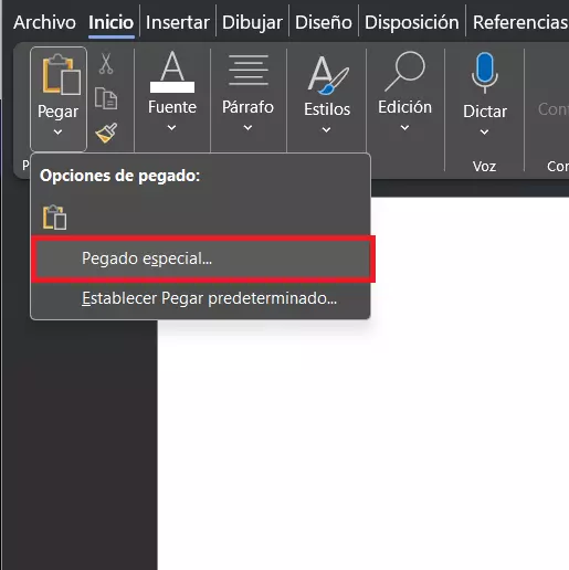 Opción de menú Pegado especial… en Word