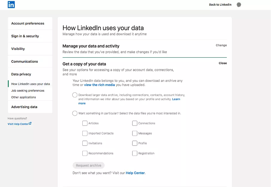 Captura de la configuración de LinkedIn