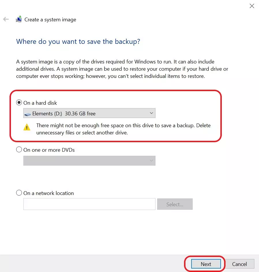 Opciones de guardado de los backups de Windows