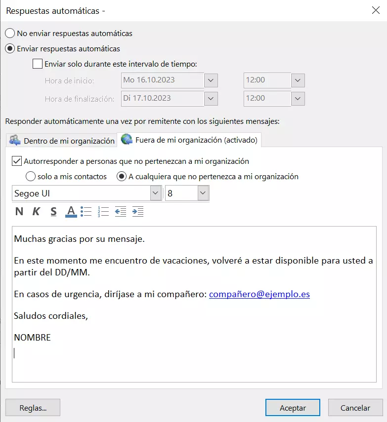 Ventana para crear una respuesta automática que se enviará a los contactos externos