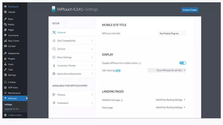 WordPress con el plugin WPtouch para móviles instalado