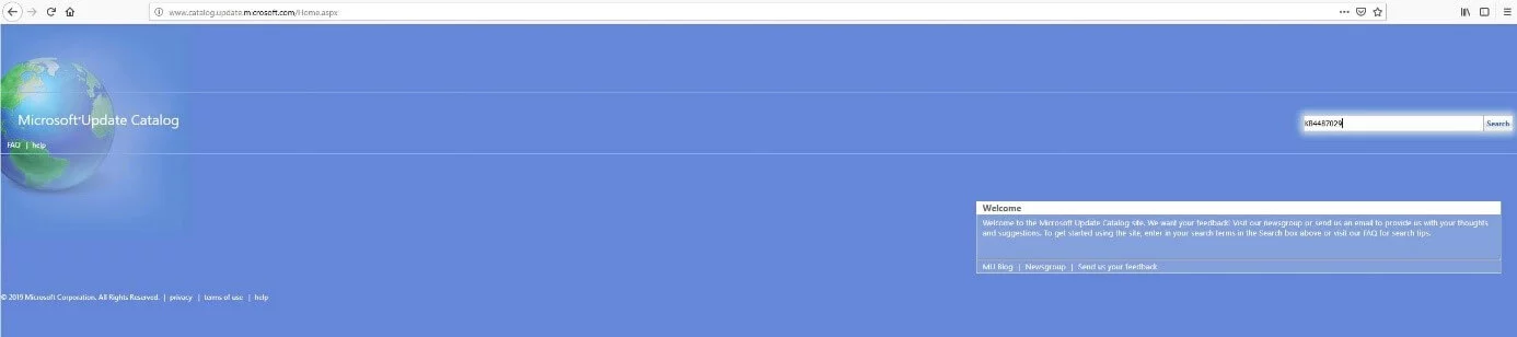 Página de inicio del catálogo de actualizaciones de Microsoft