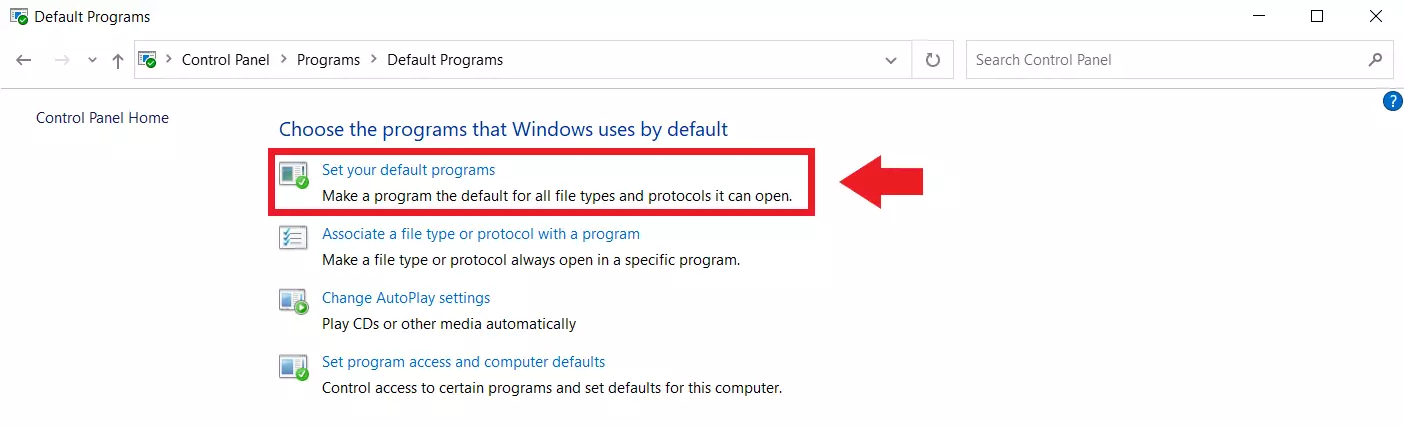 Panel de control de Windows: opción de “Establecer programas predeterminados”