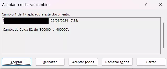 Cuadro de diálogo “Aceptar o rechazar cambios” en Excel