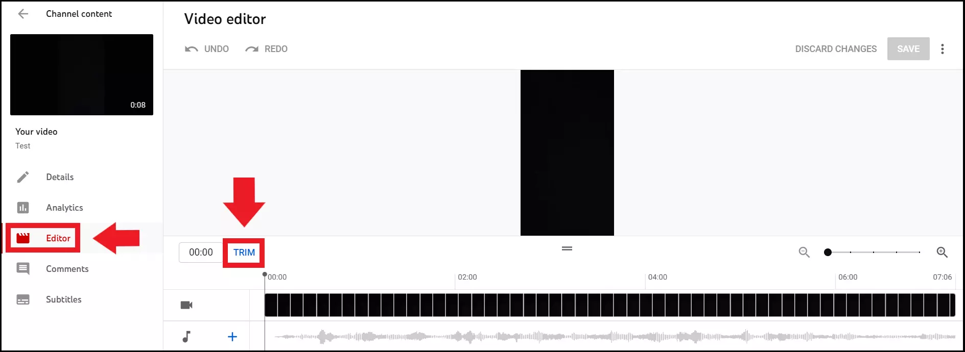 El botón “Recortar” en el editor de YouTube