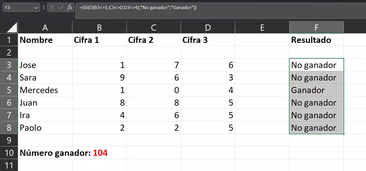 Excel: símbolo DIFERENTE de Excel en combinación con funciones SI y O