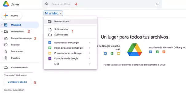 Captura de pantalla de la interfaz de usuario de Google Drive