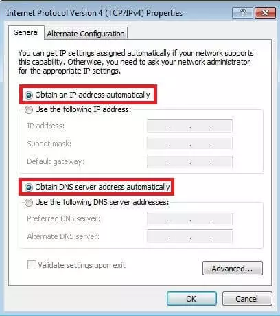 Menú de opciones del protocolo de Internet TCP/IPv4 en Windows 7