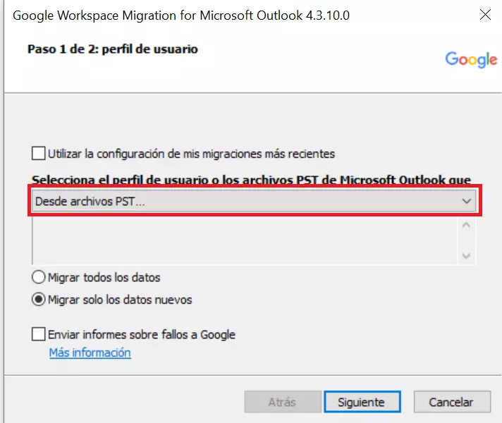 Google Workspace Migration for Microsoft Outlook: elige una carpeta PST