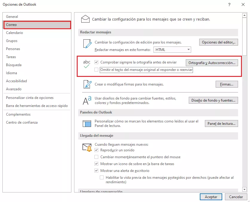 Opciones de Outlook: “Ortografía y Autocorrección…”