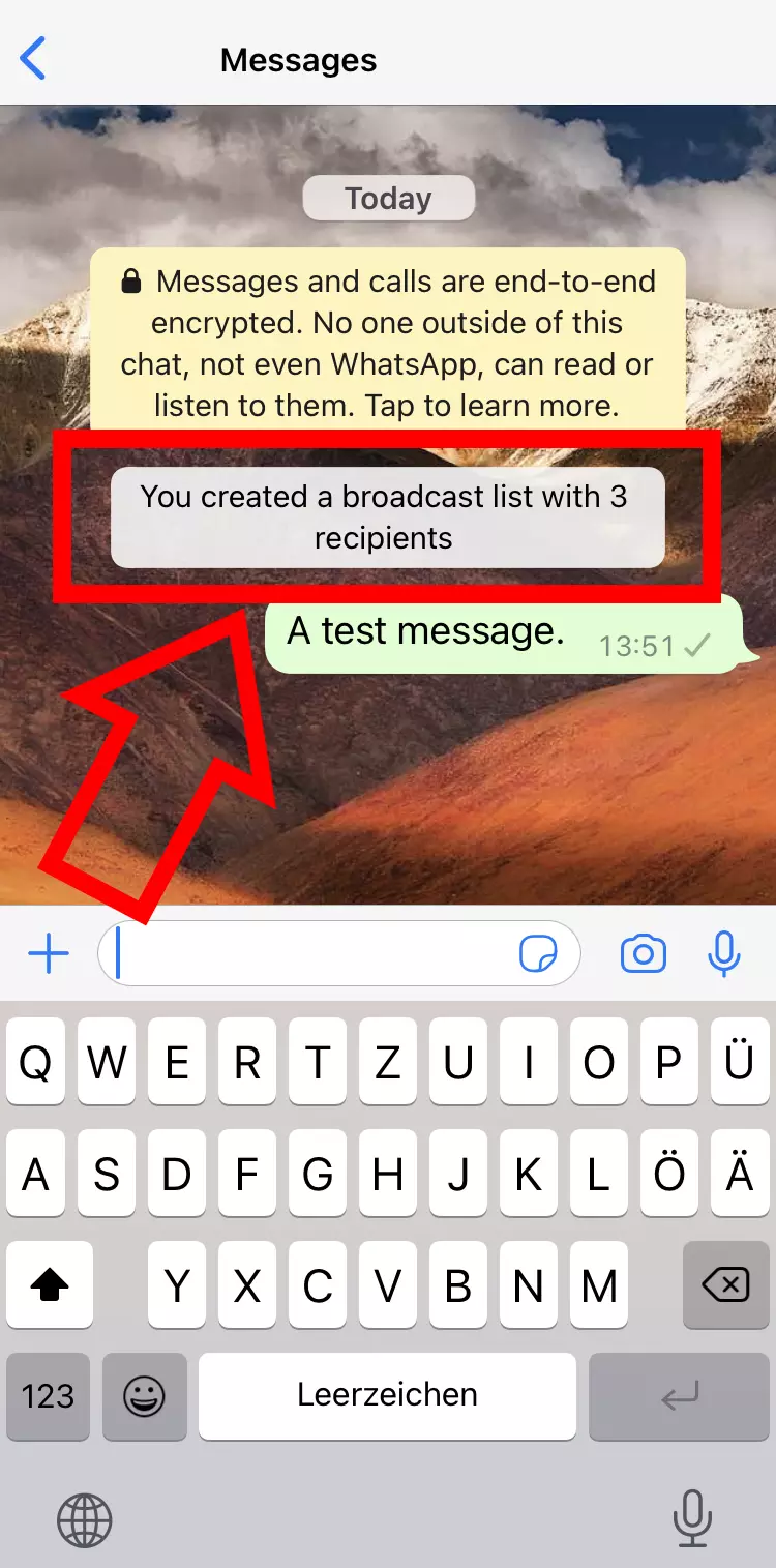 Captura de pantalla de iPhone de una lista de difusión en WhatsApp