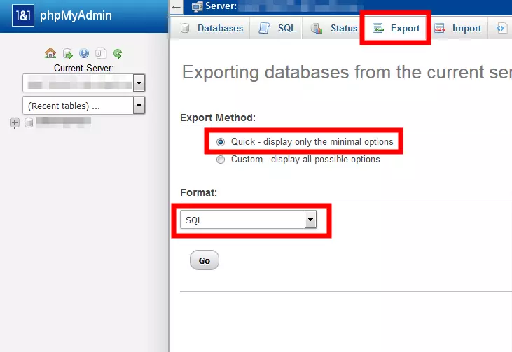 Vista de la función de exportación en phpMyAdmin