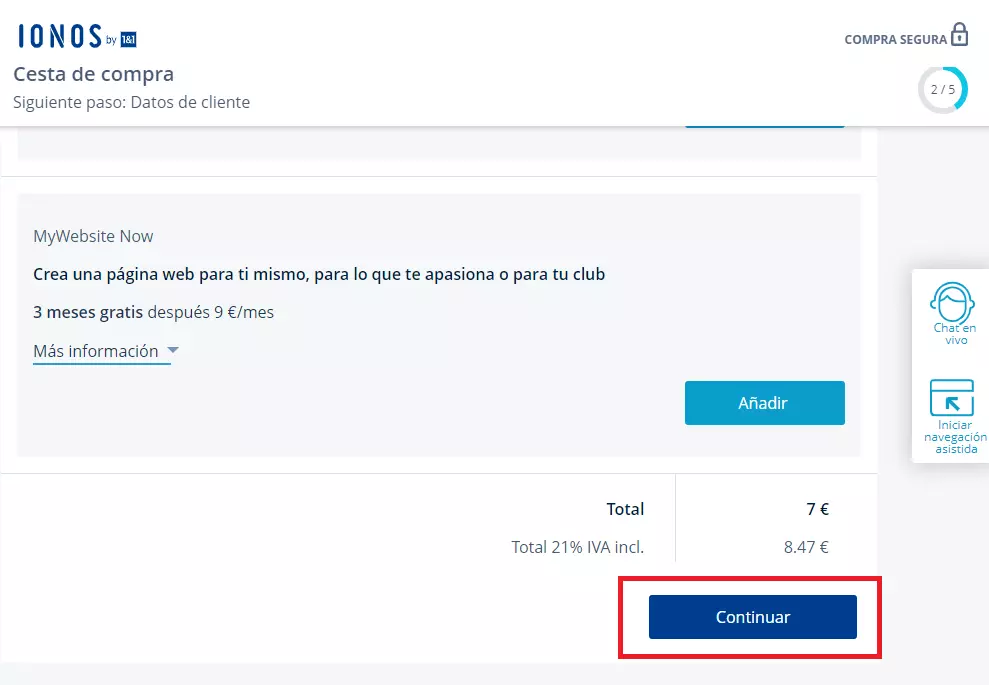 Cómo comprar un dominio con IONOS: cesta de compra 