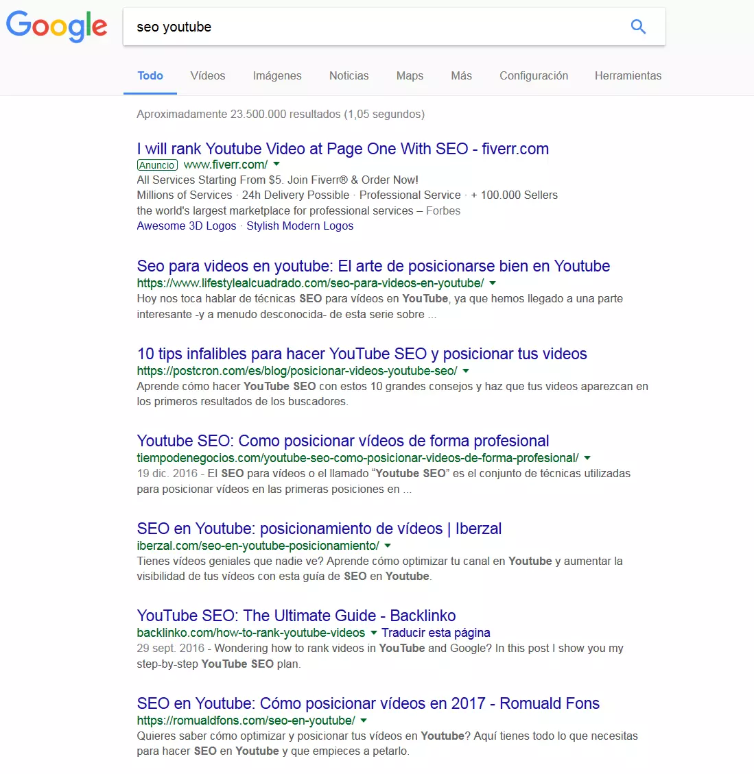 Lista de resultados en Google para la búsqueda "seo youtube"