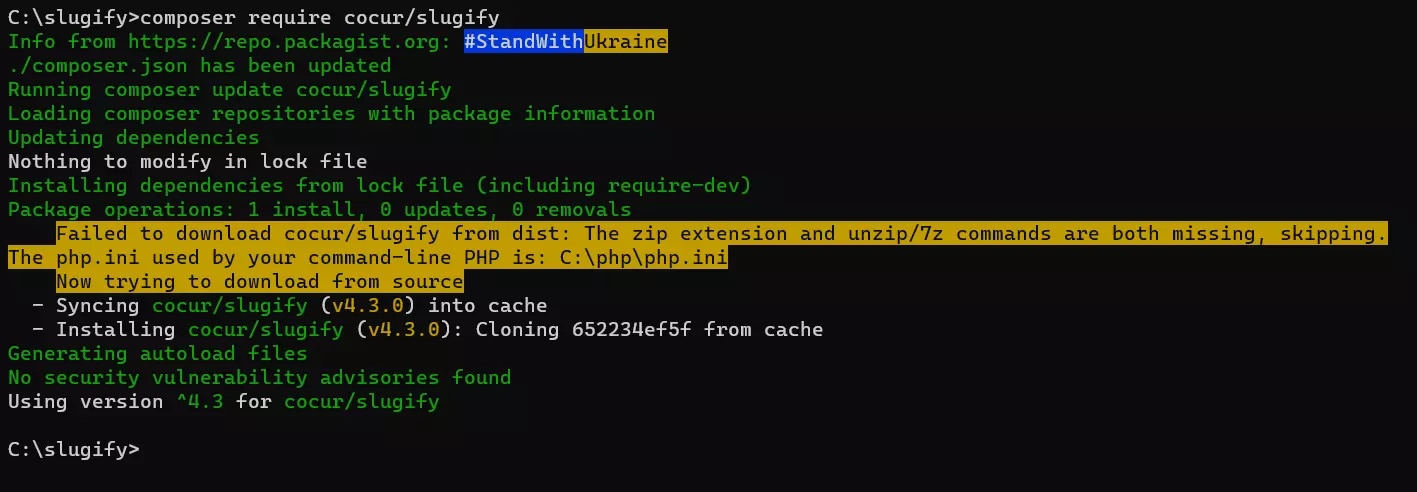 Descarga de cocur/slugify a través de PHP Composer en Windows 11